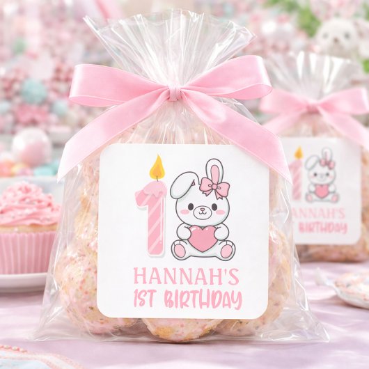 Cute Pink Bunny Candle Girls First Birthday  Vierkante Sticker