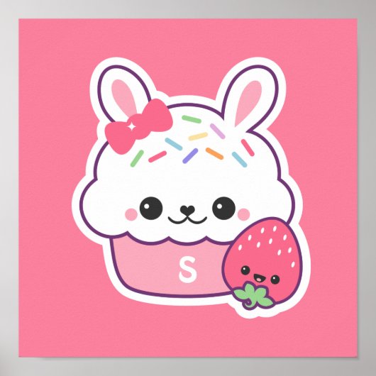 Cute Pink Bunny Cupcake Monogram Poster (Voorkant)