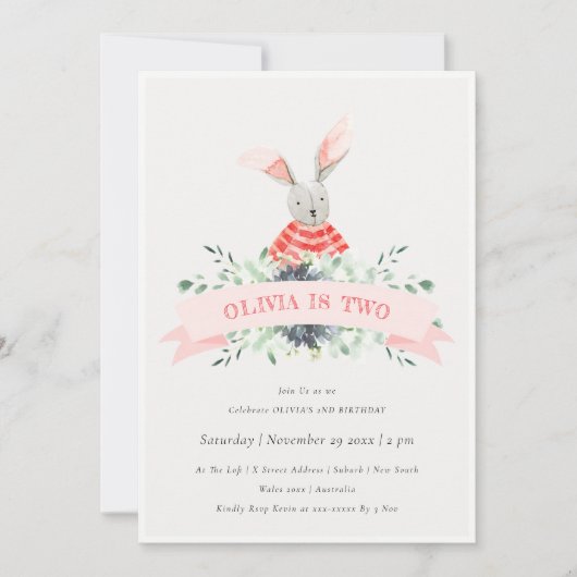 Cute Pink Bunny Foliage Any Age Birthday Invite Bedankkaart (Voorkant)