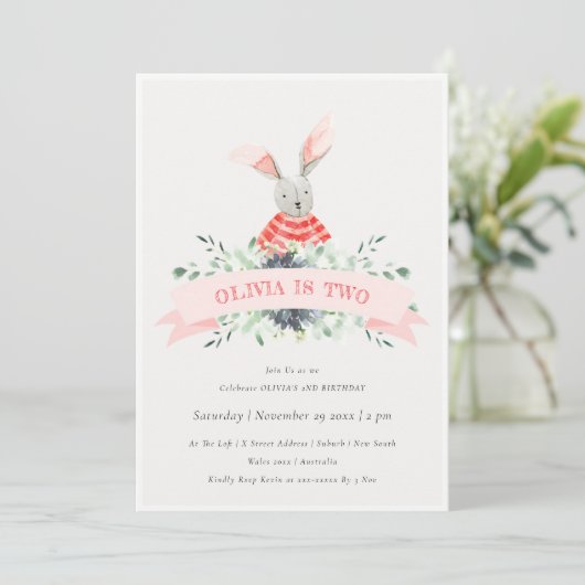 Cute Pink Bunny Foliage Any Age Birthday Invite Bedankkaart (Staand voorkant)