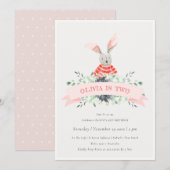 Cute Pink Bunny Foliage Any Age Birthday Invite Bedankkaart (Voorkant / Achterkant)