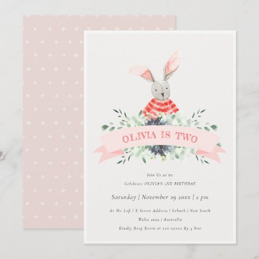 Cute Pink Bunny Foliage Any Age Birthday Invite Bedankkaart (Voorkant / Achterkant)