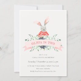 Cute Pink Bunny Foliage Any Age Birthday Invite Bedankkaart