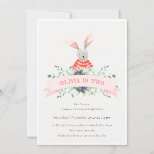 Cute Pink Bunny Foliage Any Age Birthday Invite Bedankkaart