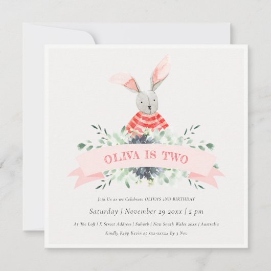 Cute Pink Bunny Foliage Any Age Birthday Invite Bedankkaart (Voorkant)