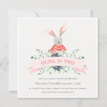 Cute Pink Bunny Foliage Any Age Birthday Invite