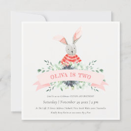 Cute Pink Bunny Foliage Any Age Birthday Invite Bedankkaart