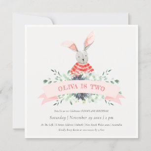 Cute Pink Bunny Foliage Any Age Birthday Invite Bedankkaart