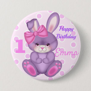 Cute Pink Bunny Girls Birthday Name & Age Button