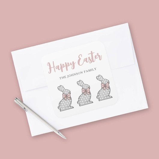 Cute Pink Bunny Happy Pasen Vierkante Sticker
