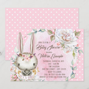 Cute Pink Bunny Rabbit Baby Shower Invitations Kaart