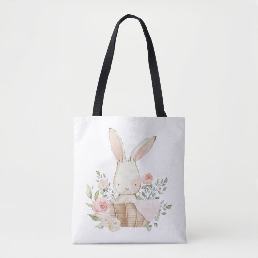 Cute Pink Bunny Rabbit in Basket Waterverven Tote Bag (Voorkant)