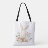 Cute Pink Bunny Rabbit in Basket Waterverven Tote Bag (Achterkant)