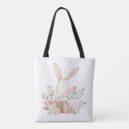 Cute Pink Bunny Rabbit in Basket Waterverven Tote Bag (Achterkant)