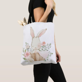 Cute Pink Bunny Rabbit in Basket Waterverven Tote Bag