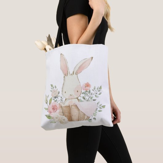 Cute Pink Bunny Rabbit in Basket Waterverven Tote Bag (Dichtbij)