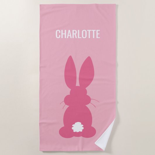 Cute Pink Bunny Silhouette Girls, gepersonaliseerd Strandlaken (Voorkant)