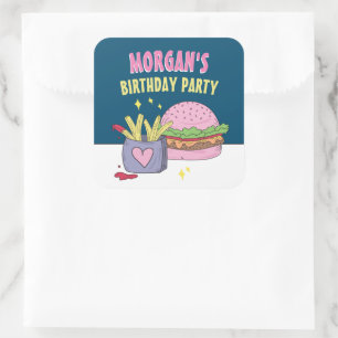 Cute Pink Burger en Fries Birthday Party Vierkante Sticker