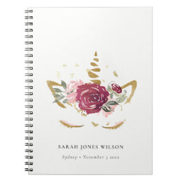 Cute Pink Burgundy Faux Gold Floral Unicorn Kinder Notitieboek
