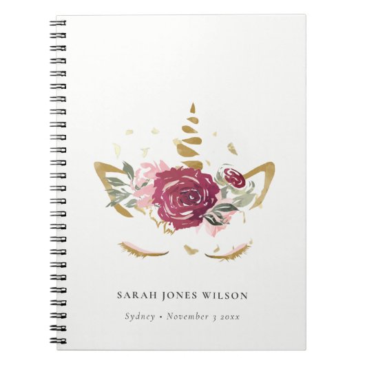 Cute Pink Burgundy Faux Gold Floral Unicorn Kinder Notitieboek (Voorkant)