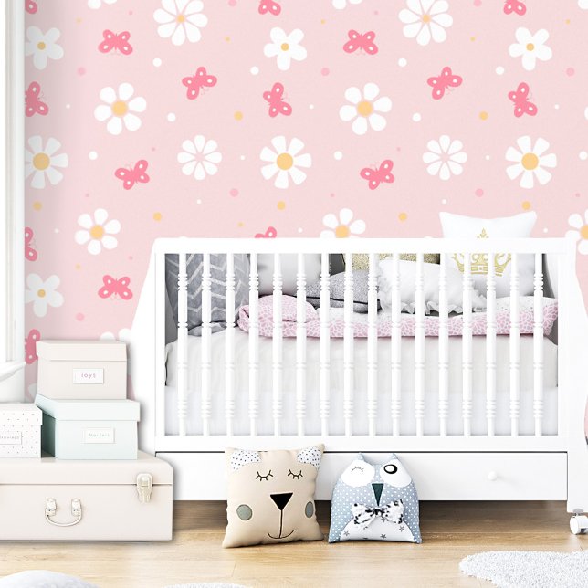Cute Pink Butterfly Daisy Girl Kids Floral Behang (Cute Pink Butterfly Daisy Girl Kids Floral Wallpaper)
