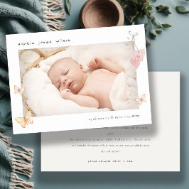 Cute Pink Butterfly Heart Foto geboorteaankondigin Bedankkaart