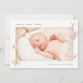 Cute Pink Butterfly Heart Foto geboorteaankondigin Bedankkaart (Voorkant)