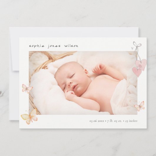 Cute Pink Butterfly Heart Foto geboorteaankondigin Bedankkaart (Voorkant)