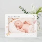 Cute Pink Butterfly Heart Foto geboorteaankondigin Bedankkaart (Staand voorkant)