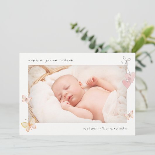 Cute Pink Butterfly Heart Foto geboorteaankondigin Bedankkaart (Staand voorkant)