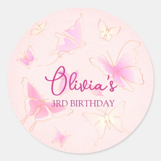 Cute Pink Butterfly Personalized Round Stickers (Voorkant)