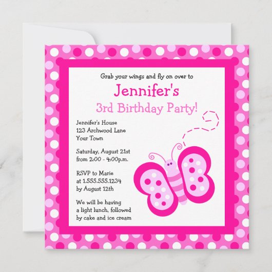 Cute Pink Butterfly w/ Polka Dots Birthday Invite Kaart (Voorkant)