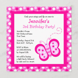 Cute Pink Butterfly w/ Polka Dots Birthday Invite Kaart