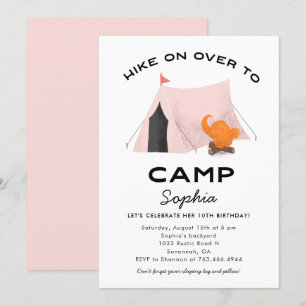Cute Pink Camping Birthday Party Kaart