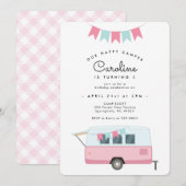 Cute Pink Camping Happy Camper Birthday Kaart (Voorkant / Achterkant)
