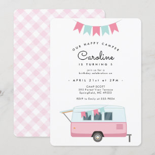 Cute Pink Camping Happy Camper Birthday Kaart