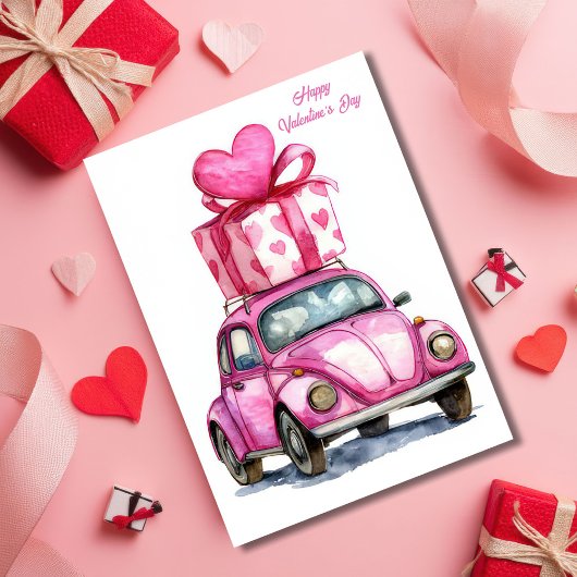 Cute Pink Car Valentine`s Day Card Kaart