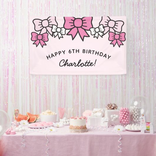 Cute Pink Cartoon Bows Birthday Party Spandoek (Feest)