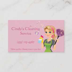 Cute Pink Cartoon Maid House Cleaning Services Visitekaartje