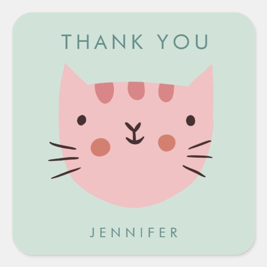 Cute Pink Cat Birthday bedankt Vierkante Sticker (Voorkant)