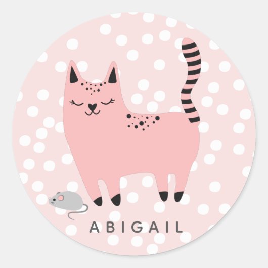 Cute Pink Cat en Polkadots - Gepersonaliseerde mei Ronde Sticker (Voorkant)