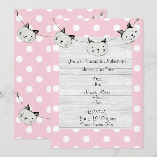 Cute Pink Cat Girl Polka Dot Rustige Baby shower Kaart (Voorkant / Achterkant)