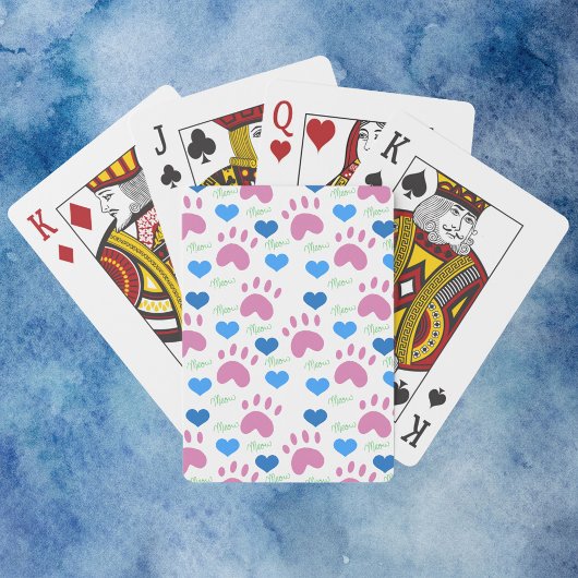 Cute Pink Cat Paw Prints Blue Hearts Meow Pokerkaarten