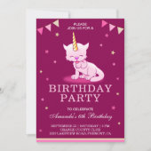 Cute Pink Cat Unicorn Birthday Party Invitation Kaart (Voorkant)