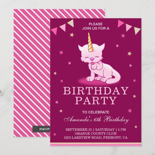 Cute Pink Cat Unicorn Birthday Party Invitation Kaart (Voorkant / Achterkant)