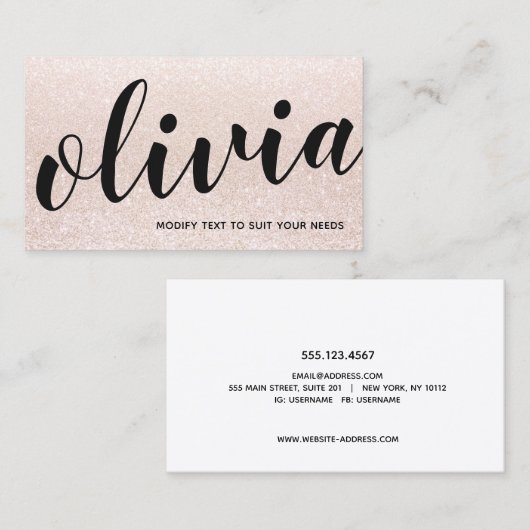 Cute Pink Champagne Glitter Script Calligraphy Visitekaartje (Voorkant / Achterkant)