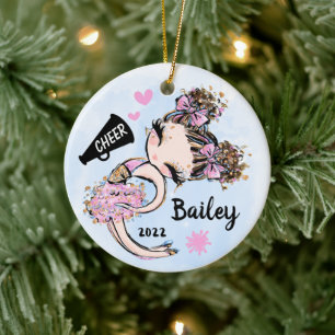 Cute Pink Cheerleader Ornament Brunette Brown Hair