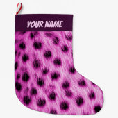 Cute Pink Cheetah Fur Look Add Your Name Grote Kerstsok (Voorkant)