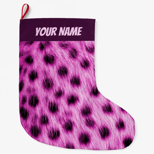 Cute Pink Cheetah Fur Look Add Your Name Grote Kerstsok (Voorkant)