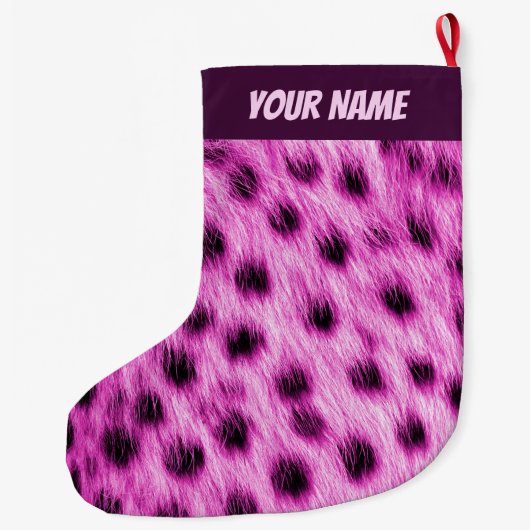 Cute Pink Cheetah Fur Look Add Your Name Grote Kerstsok (Achterkant)